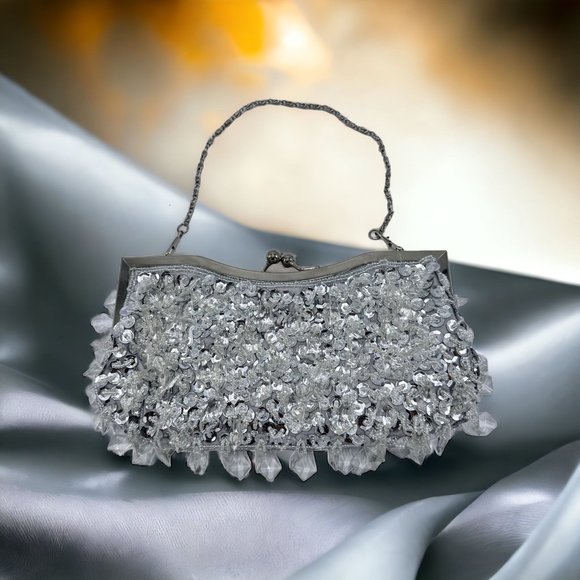 Silver Beaded Sequins Kiss Lock Formal Evening Bag - Picture 10 of 10
